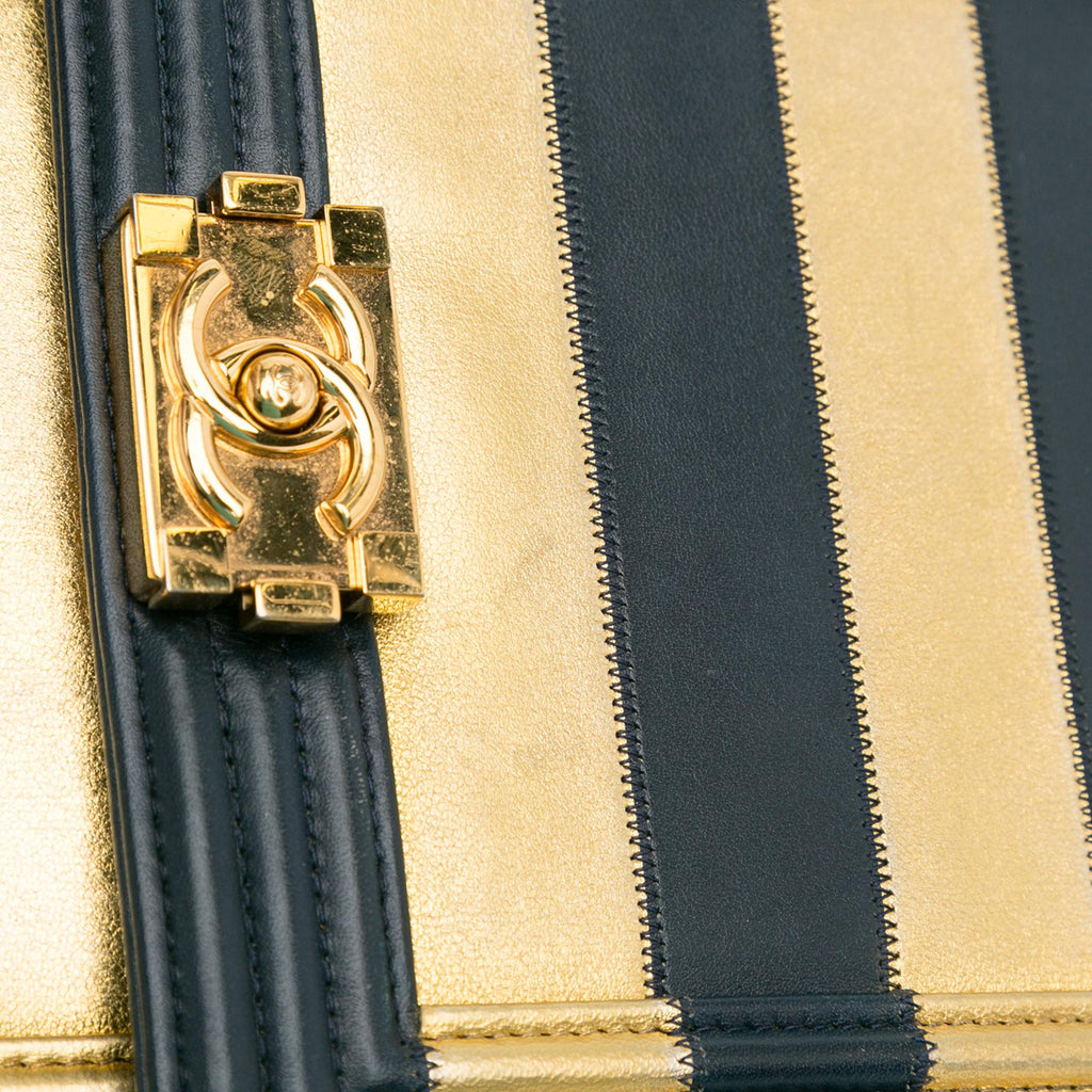 Chanel Metallic Lambskin Striped North South Boy Flap (SHG-gdf9Ua)