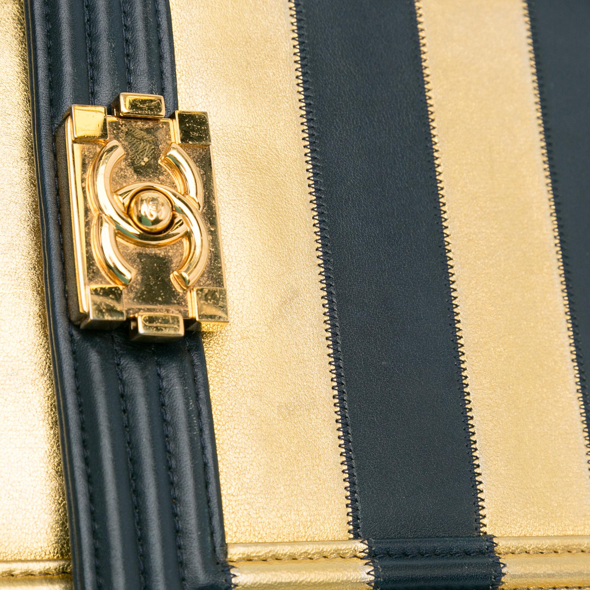 Chanel Metallic Lambskin Striped North South Boy Flap (SHG-gdf9Ua)