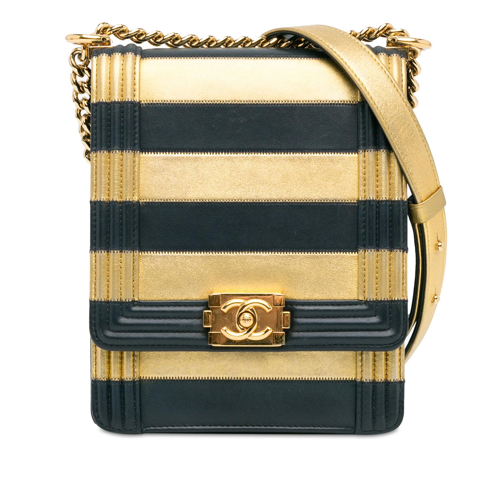 Chanel Metallic Lambskin Striped North South Boy Flap (SHG-gdf9Ua)