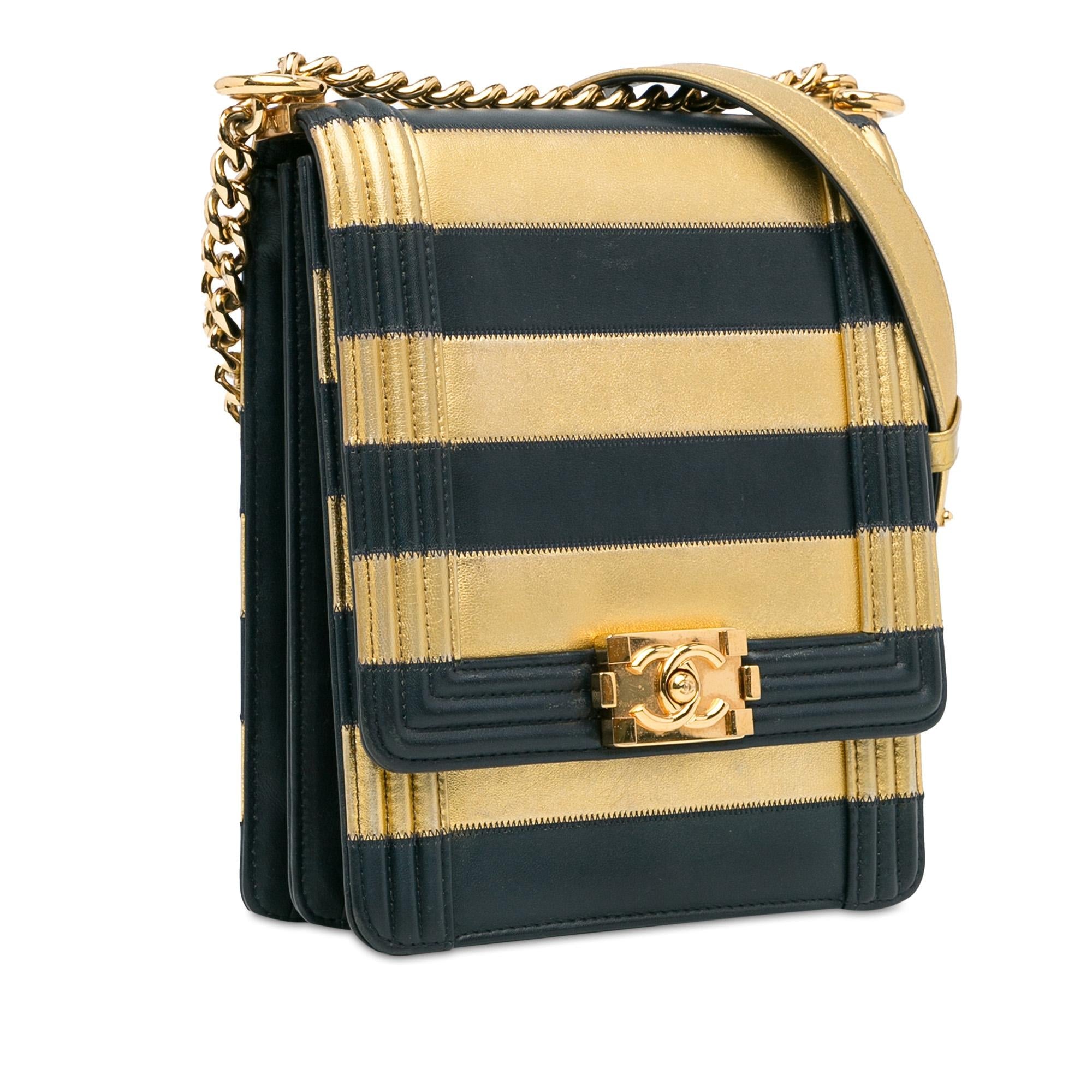 Chanel Metallic Lambskin Striped North South Boy Flap (SHG-gdf9Ua)