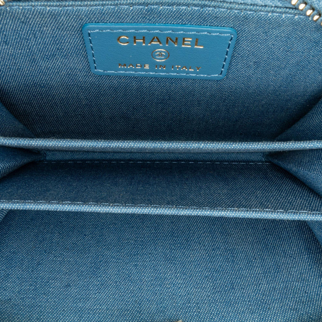 Chanel Mini Denim Pearl Crush Card Holder On Chain