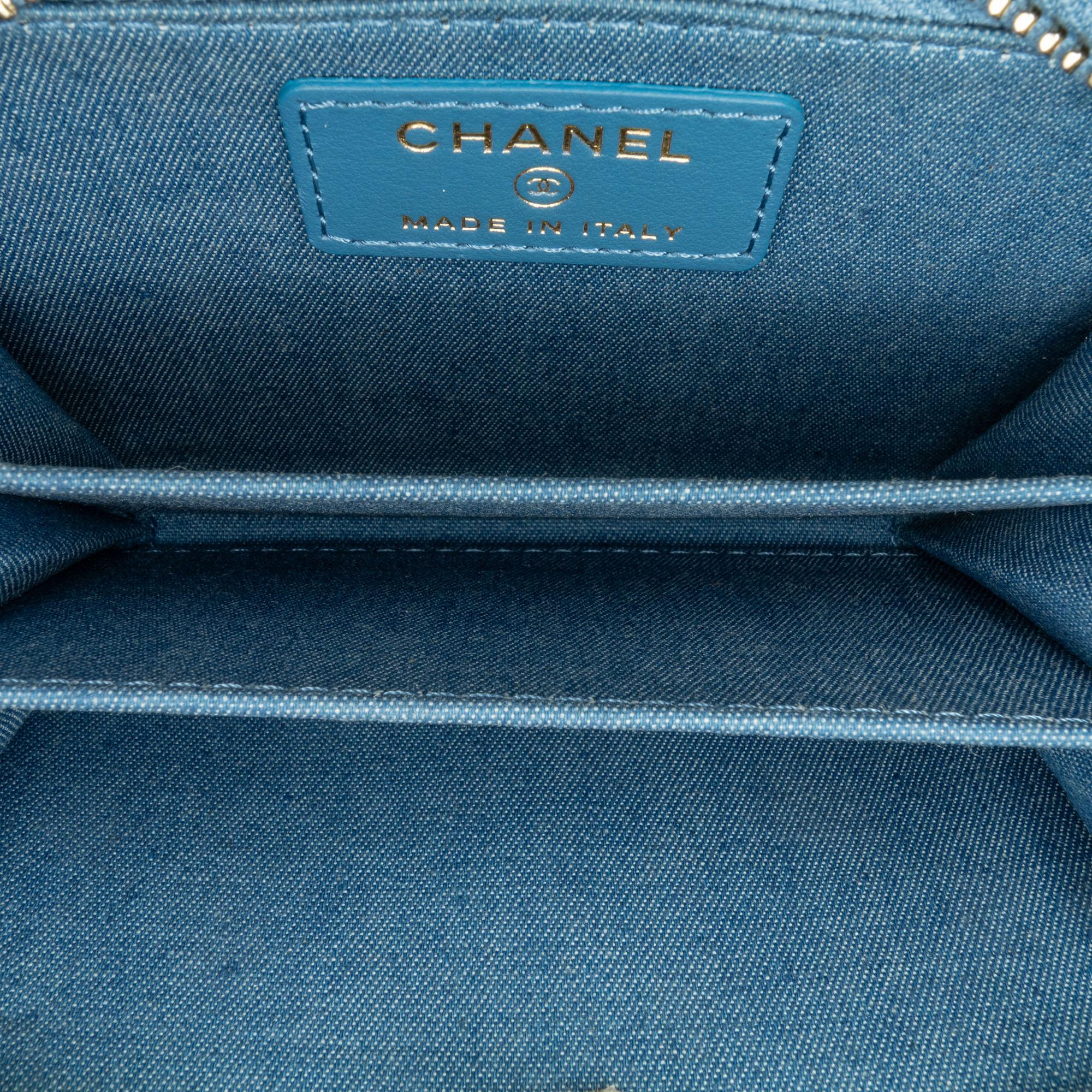 Chanel Mini Denim Pearl Crush Card Holder On Chain