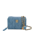 Chanel Mini Denim Pearl Crush Card Holder On Chain