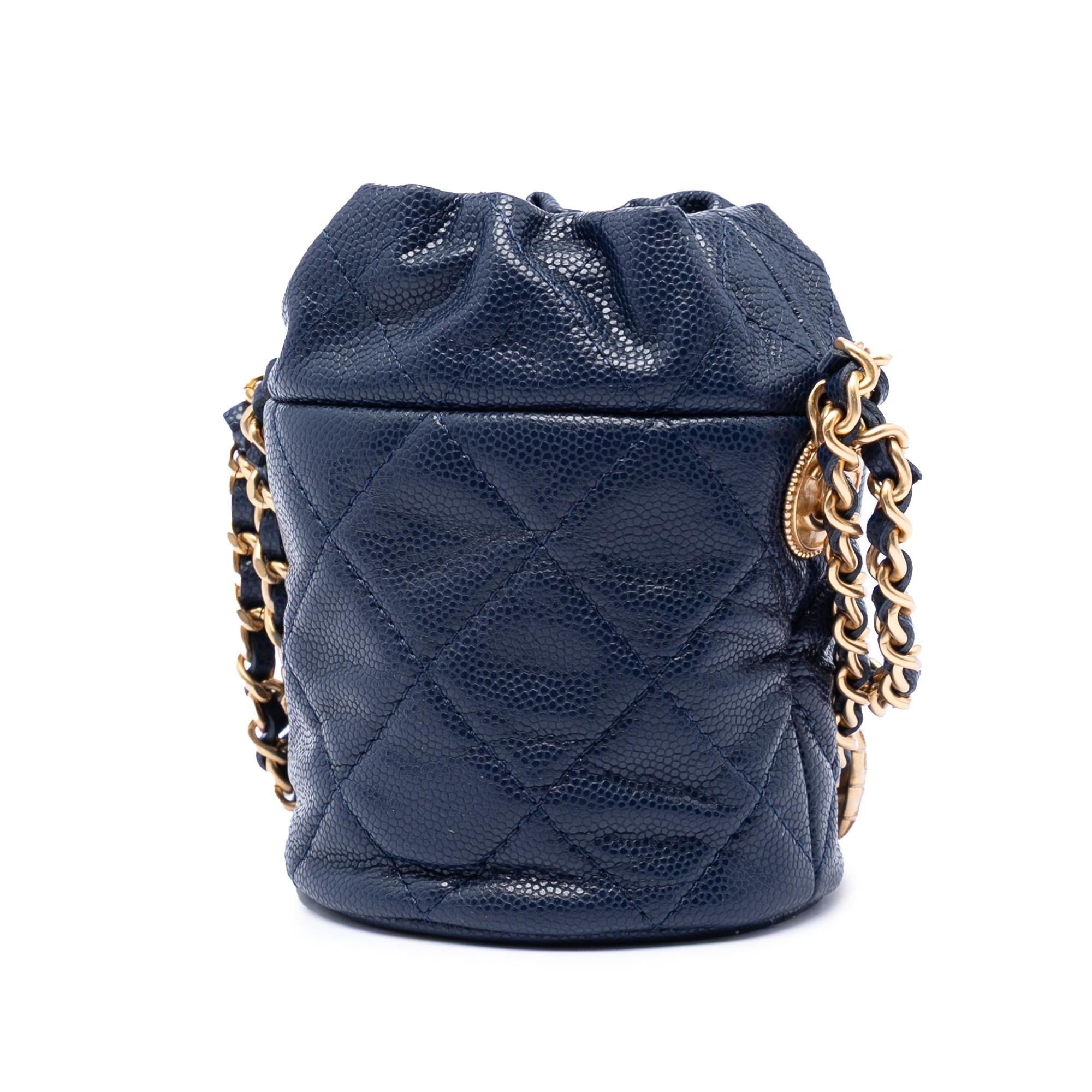 Chanel Mini Quilted Caviar Medallion Charms Drawstring Bucket Bag