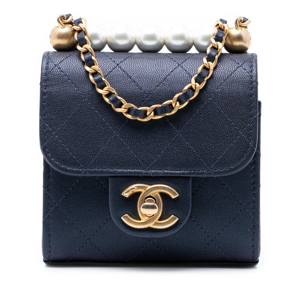 Chanel Mini Quilted Goatskin Vertical Chic Pearls Flap Clutch With Chain