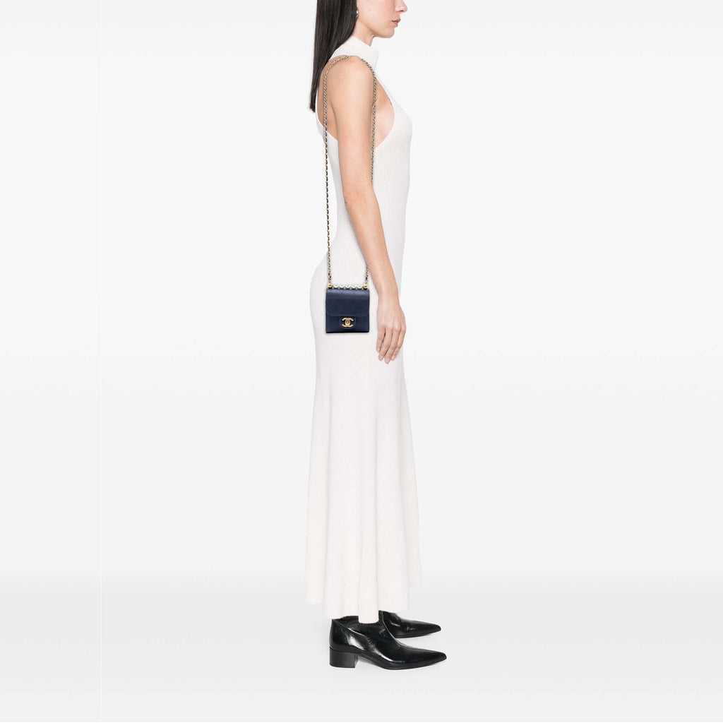 Chanel Mini Quilted Goatskin Vertical Chic Pearls Flap Clutch With Chain