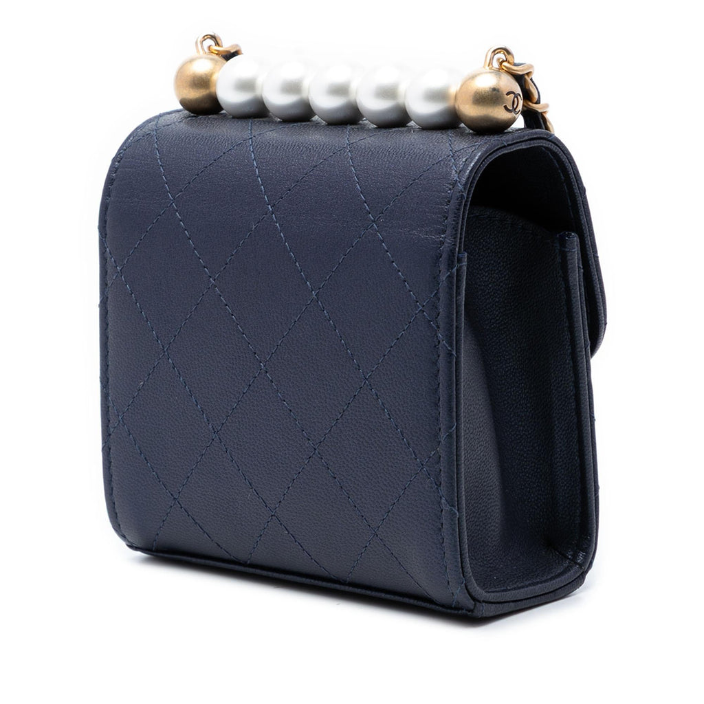 Chanel Mini Quilted Goatskin Vertical Chic Pearls Flap Clutch With Chain