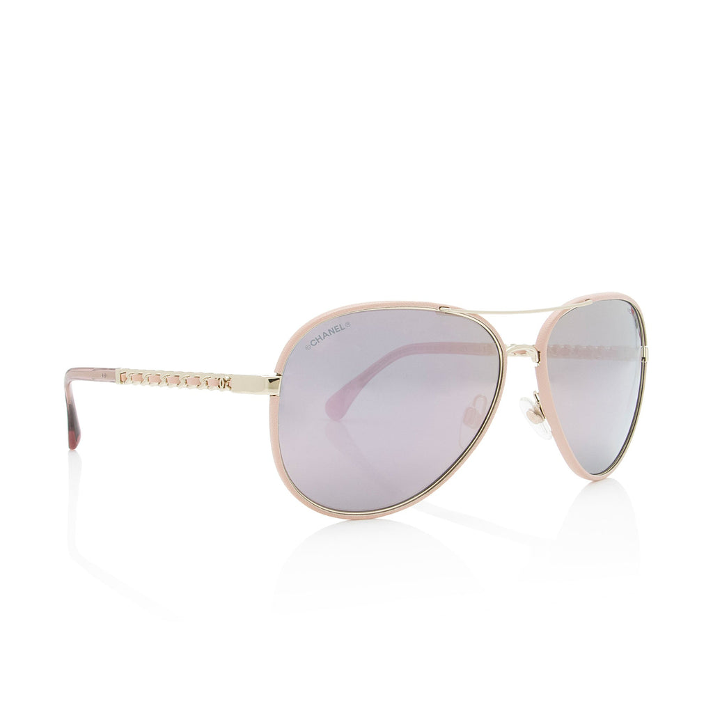 Chanel Mirrored Leather Chain Pilot Winter Avaitor Sunglasses