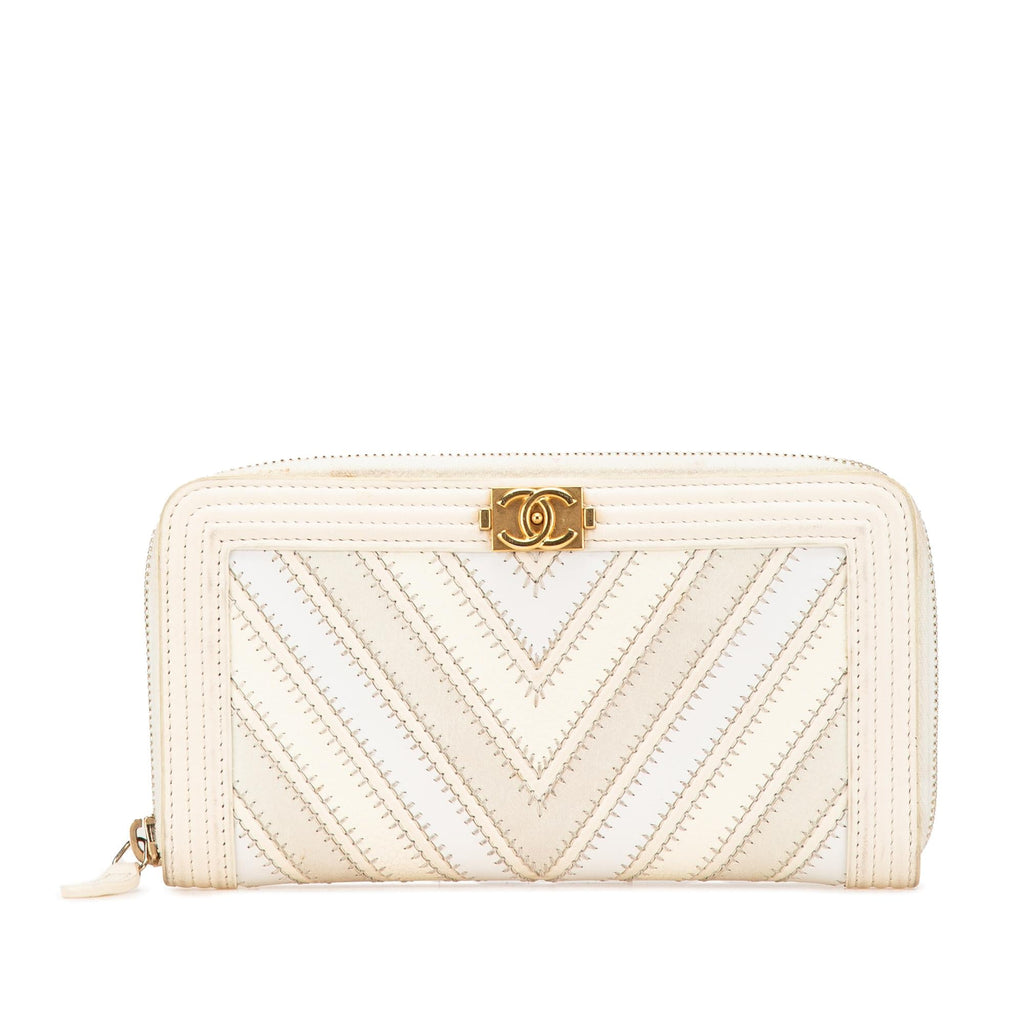 Chanel Mixed Leather Chevron Boy Zip Around Wallet