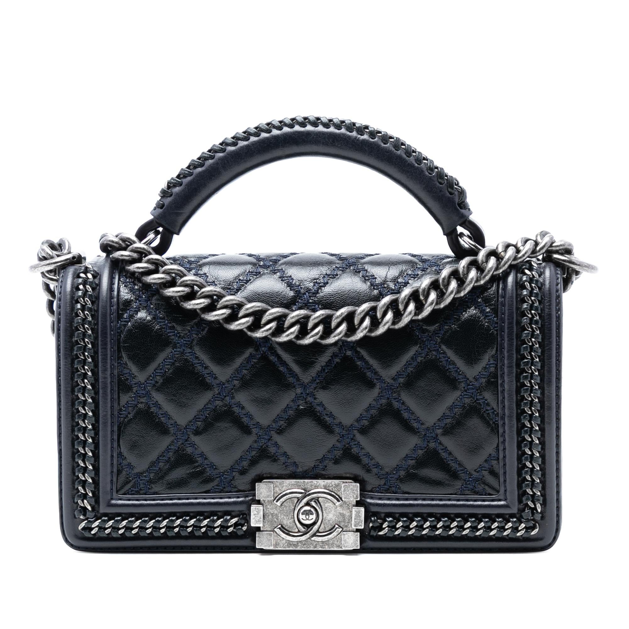 Chanel Old Medium Quilted Calfskin Whipstitch Chain Around Boy Top Handle Flap