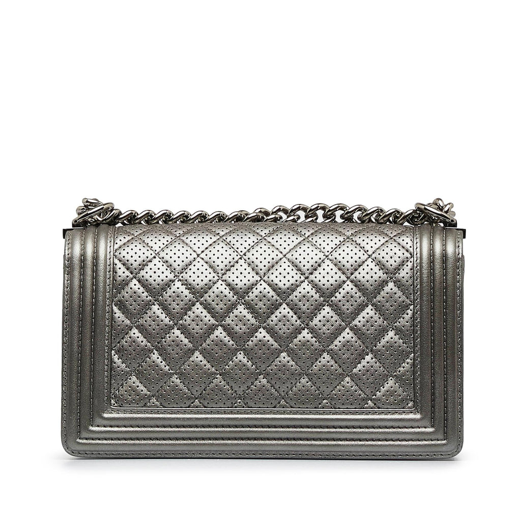 Chanel Old Medium Quilted Perforated Metallic Lambskin Boy Flap