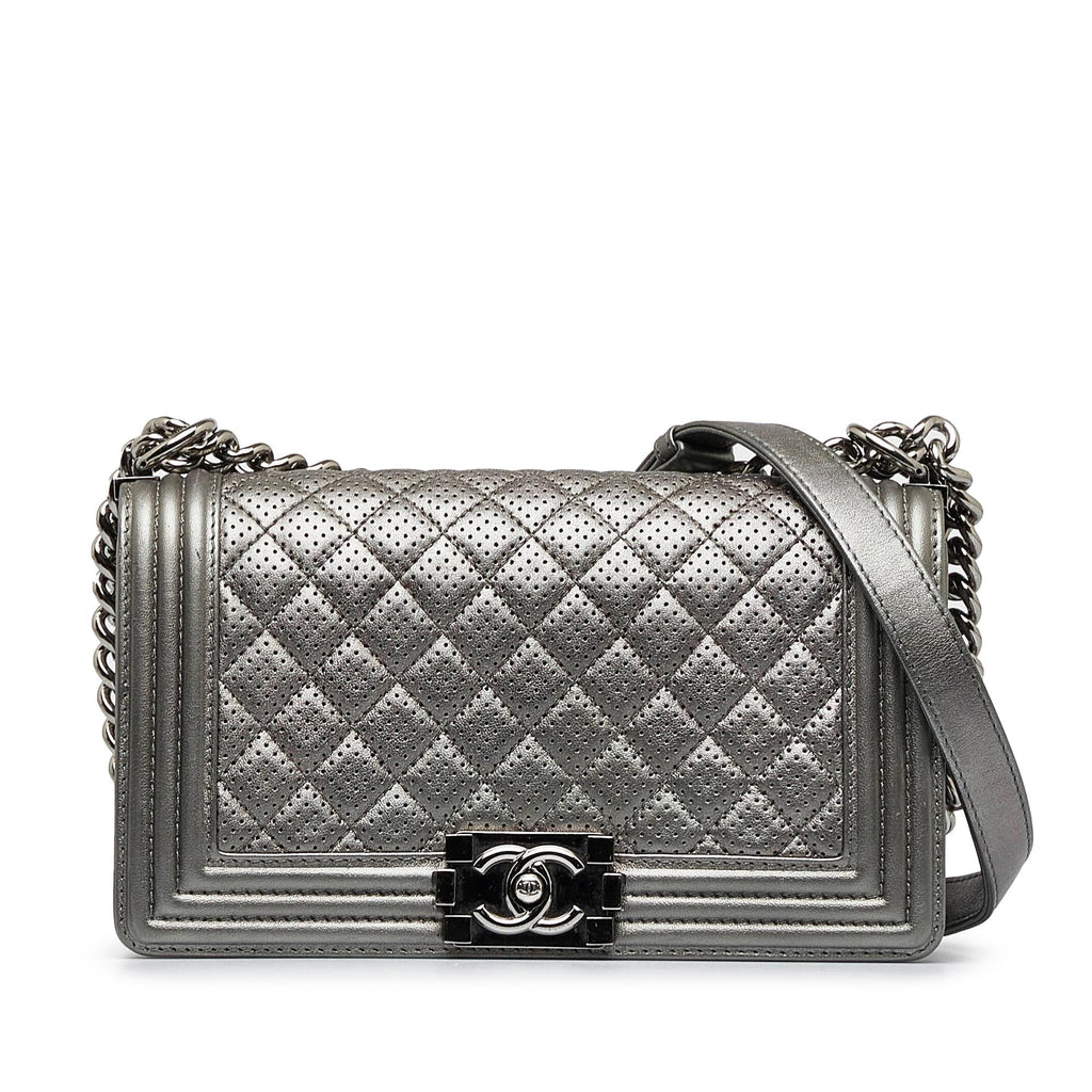 Chanel Old Medium Quilted Perforated Metallic Lambskin Boy Flap