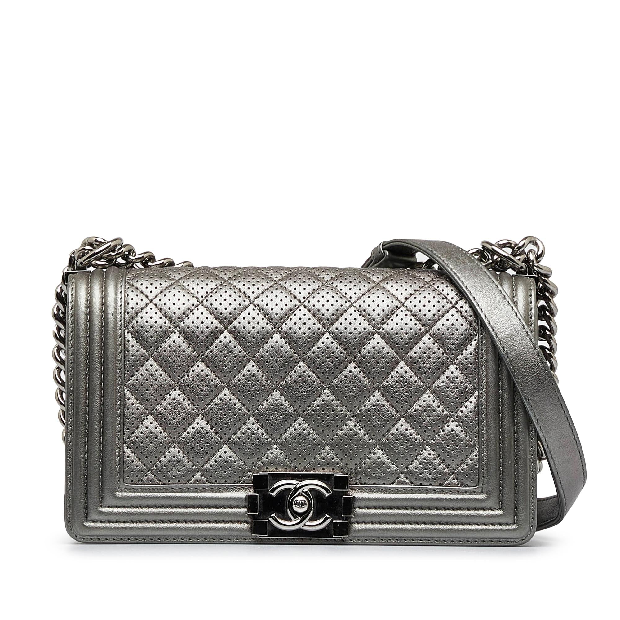 Chanel Old Medium Quilted Perforated Metallic Lambskin Boy Flap