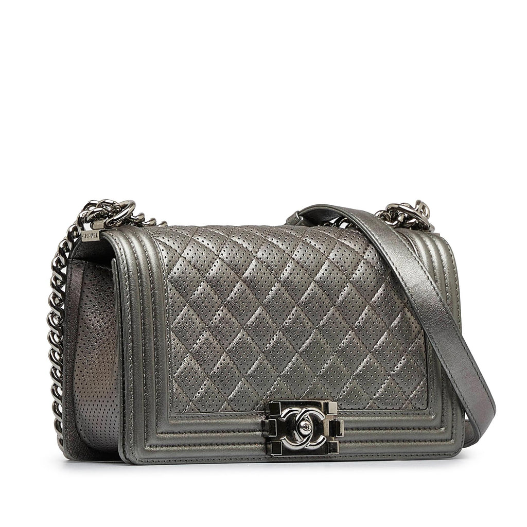 Chanel Old Medium Quilted Perforated Metallic Lambskin Boy Flap