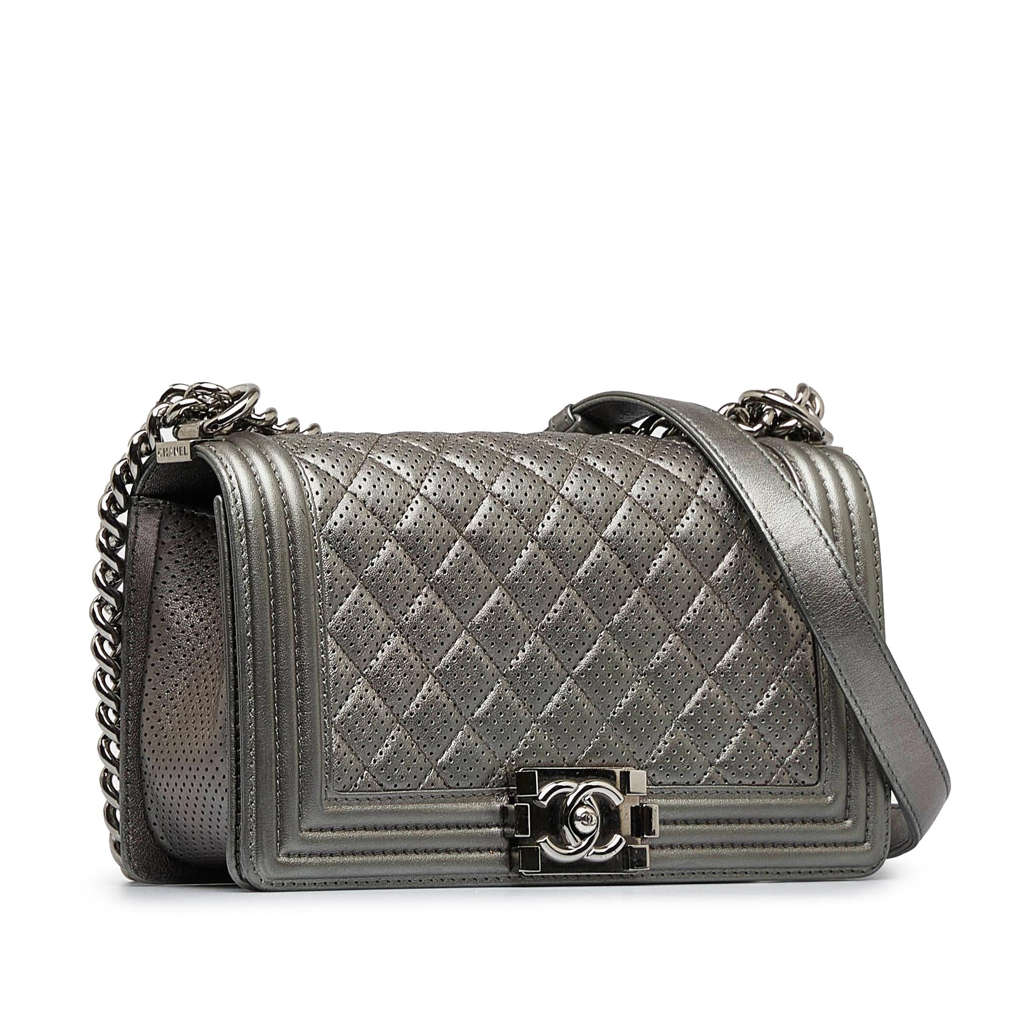 Chanel Old Medium Quilted Perforated Metallic Lambskin Boy Flap