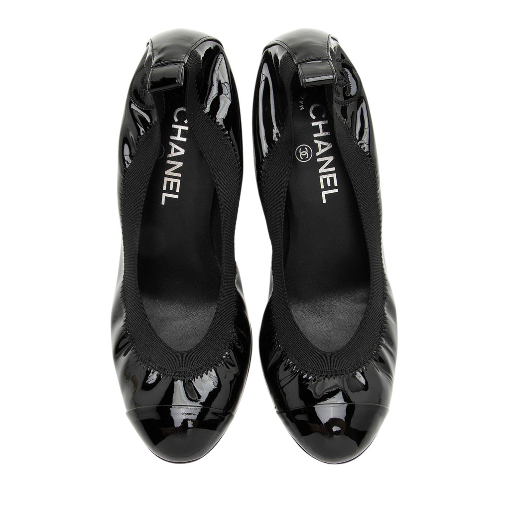 Chanel Patent Leather Cap Toe Elastic Ballet Pumps - Size 8.5 / 38.5