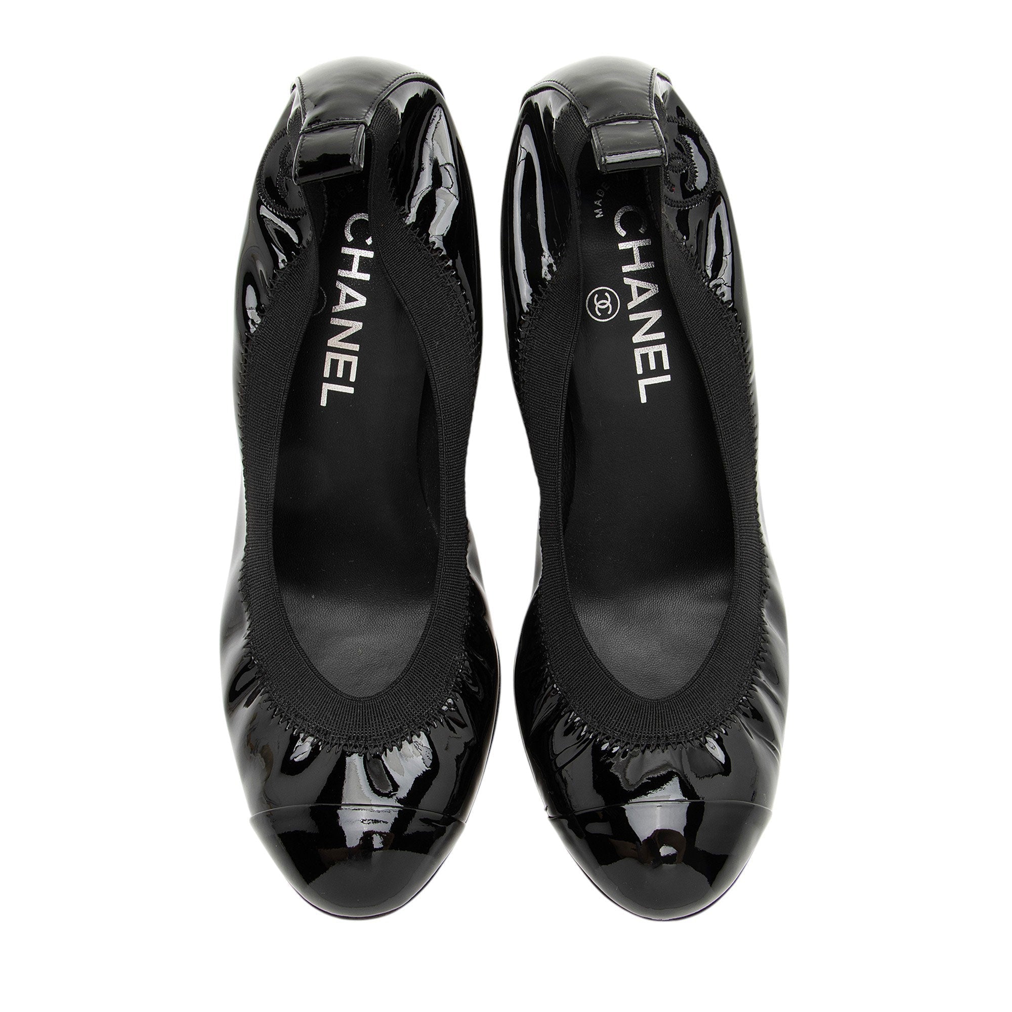 Chanel Patent Leather Cap Toe Elastic Ballet Pumps - Size 8.5 / 38.5