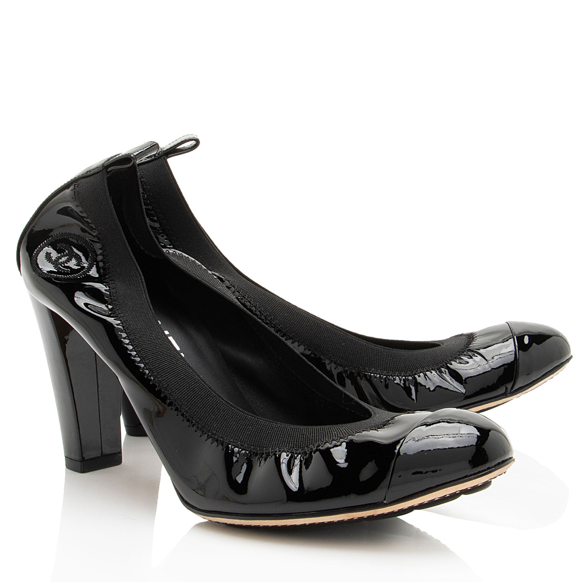 Chanel Patent Leather Cap Toe Elastic Ballet Pumps - Size 8.5 / 38.5