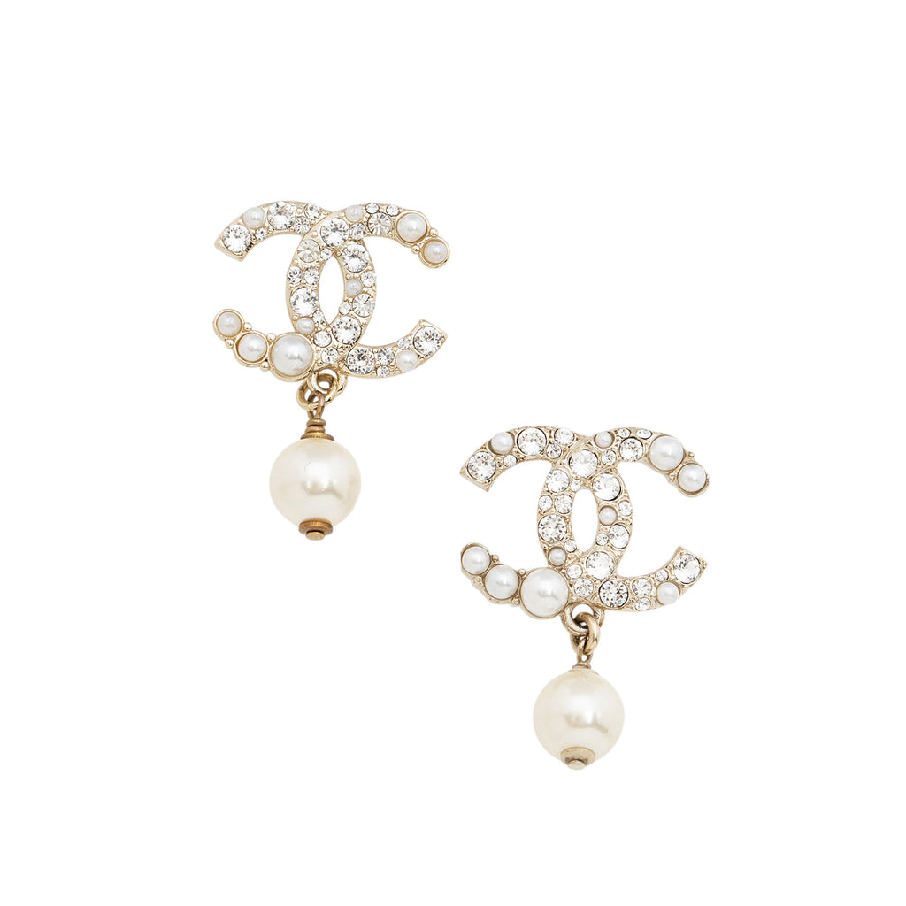 Chanel Pearl Crystal CC Drop Earrings