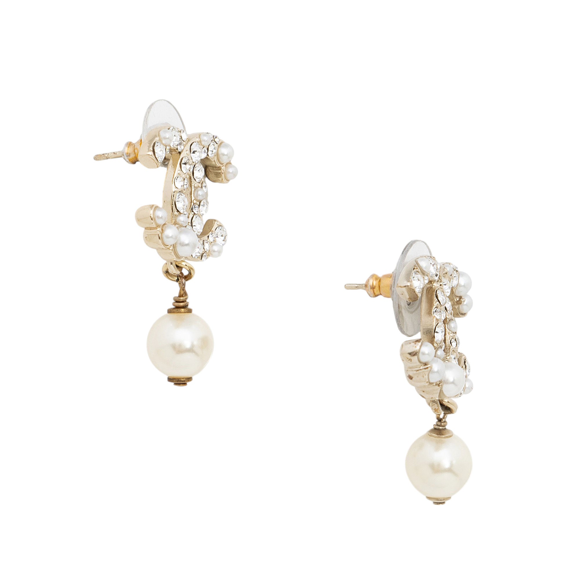 Chanel Pearl Crystal CC Drop Earrings
