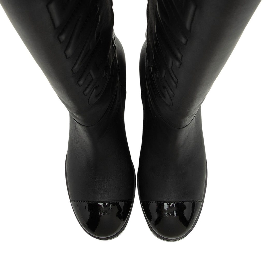Chanel Quilted Calfskin Patent Leather Cap Toe Logo Boots - Size 7 / 37 (SHF-1bljRC)