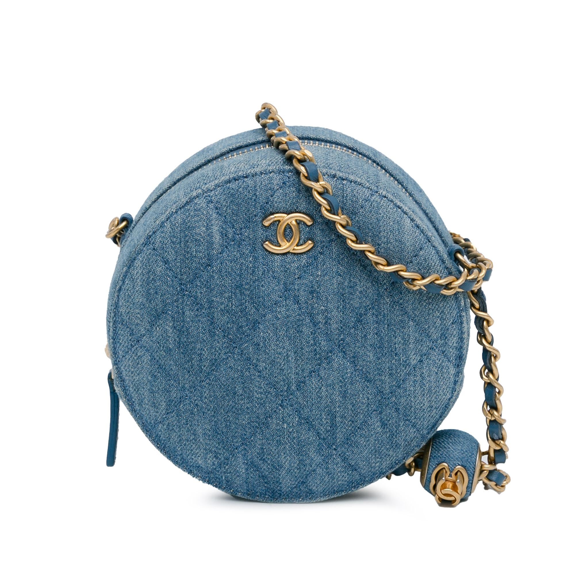 Chanel Quilted Denim Pearl Crush Round Clutch with Chain (SHG-HXkyLN)