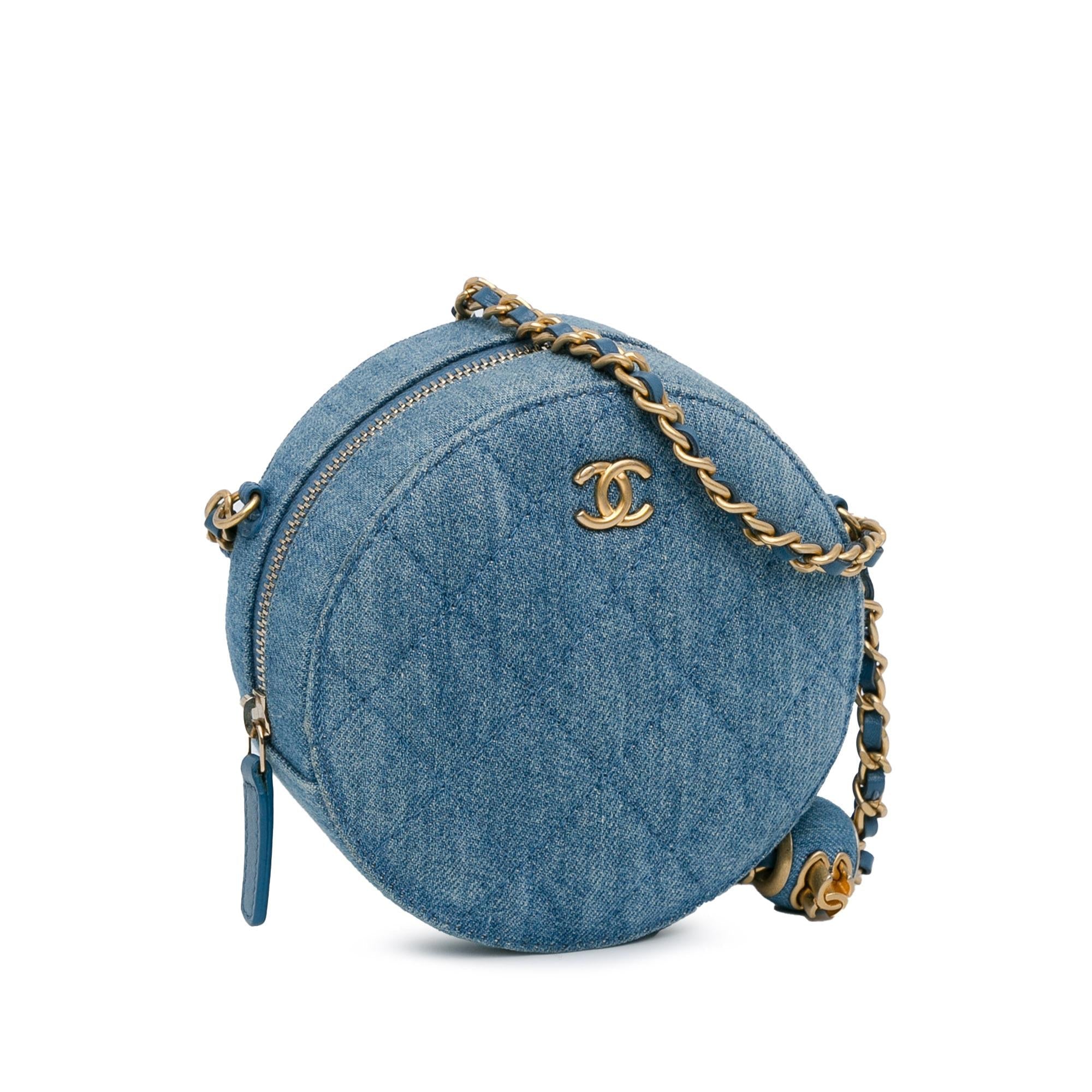 Chanel Quilted Denim Pearl Crush Round Clutch with Chain (SHG-Lc62qo)