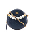Chanel Quilted Goatskin Chic Pearls Chain Round Clutch With Chain
