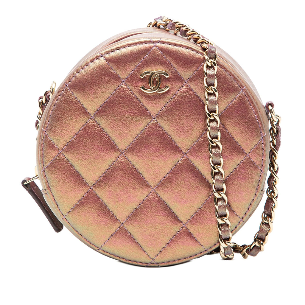 Chanel Quilted Iridescent Lambskin Round Clutch With Chain
