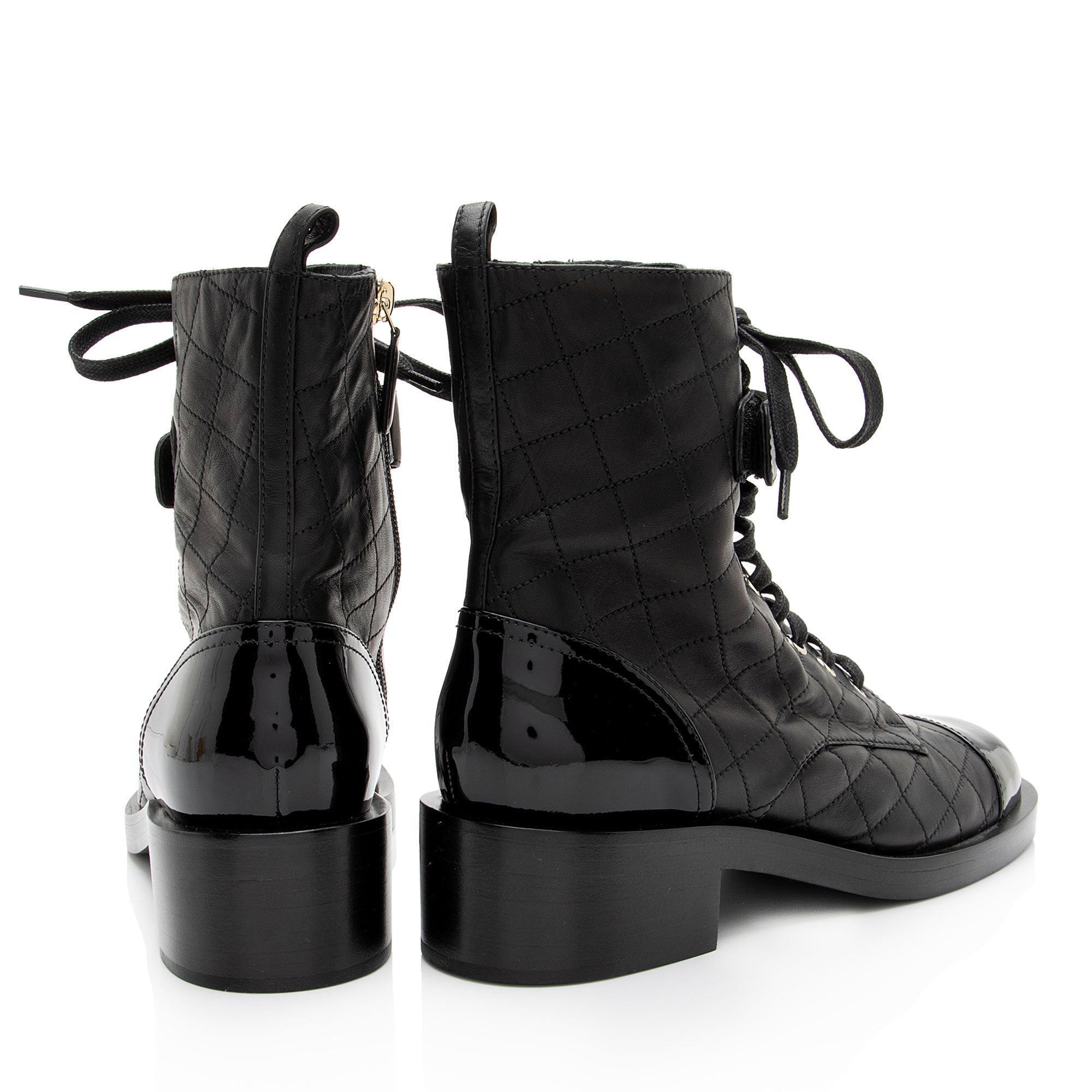 Chanel Quilted Lambskin Patent Leather Logo Cap Toe Combat Boots - Size 10 / 40