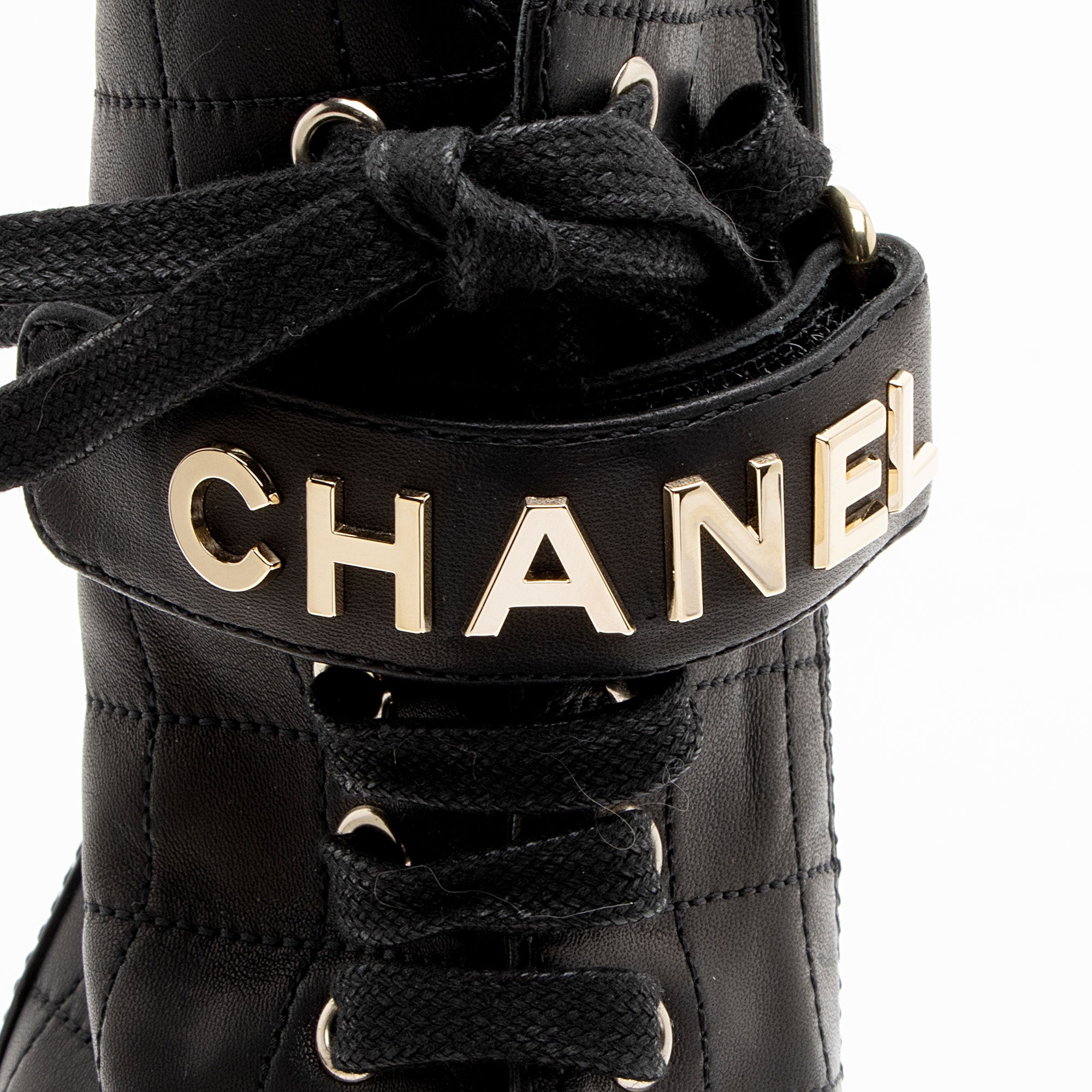 Chanel Quilted Lambskin Patent Leather Logo Cap Toe Combat Boots - Size 10 / 40
