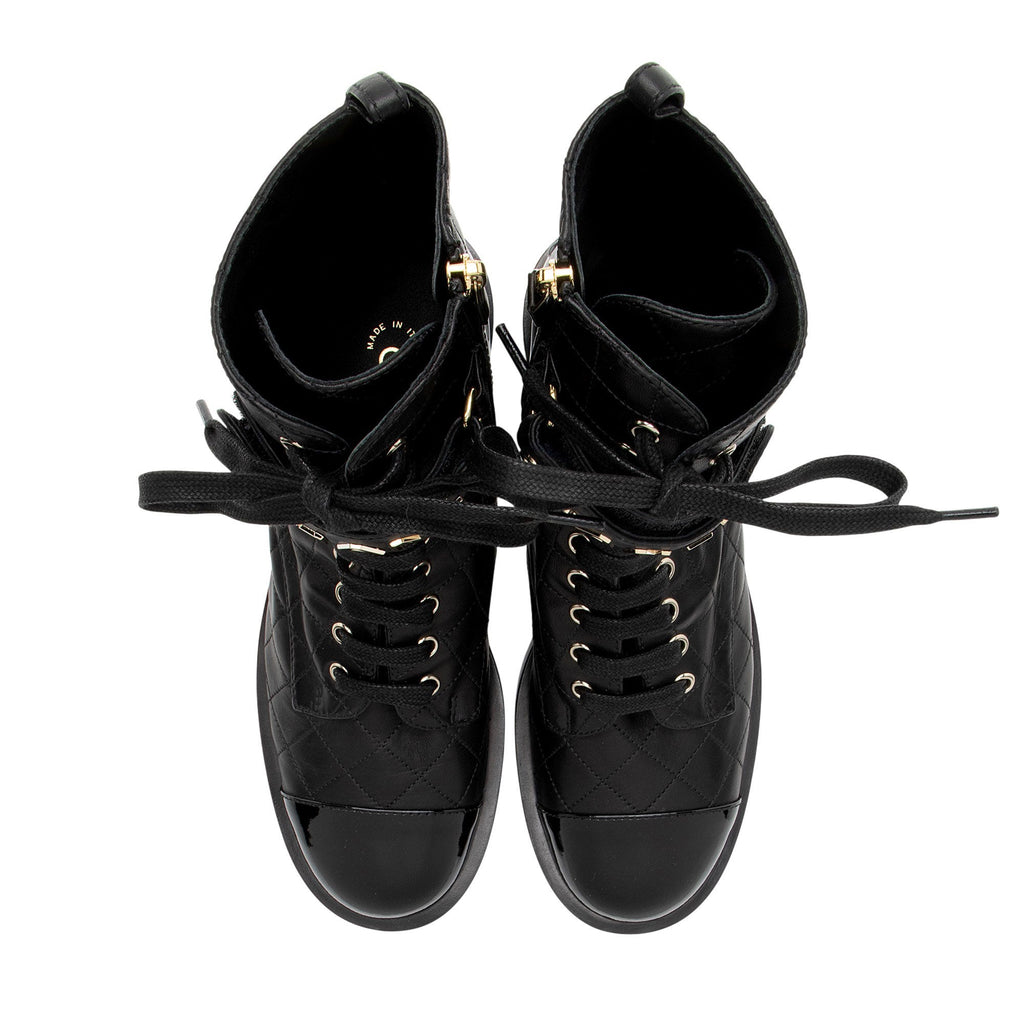 Chanel Quilted Lambskin Patent Leather Logo Cap Toe Combat Boots - Size 10 / 40