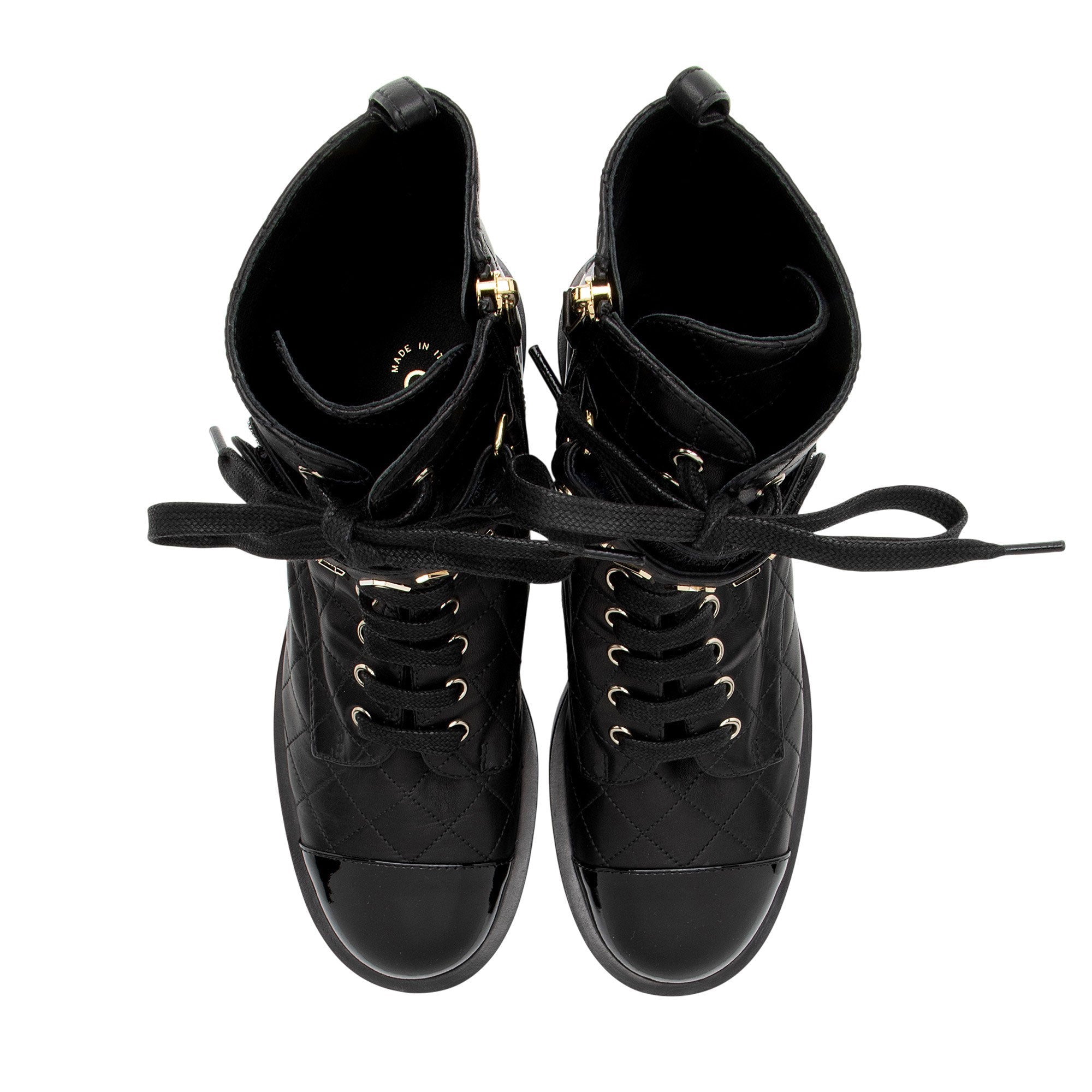 Chanel Quilted Lambskin Patent Leather Logo Cap Toe Combat Boots - Size 10 / 40