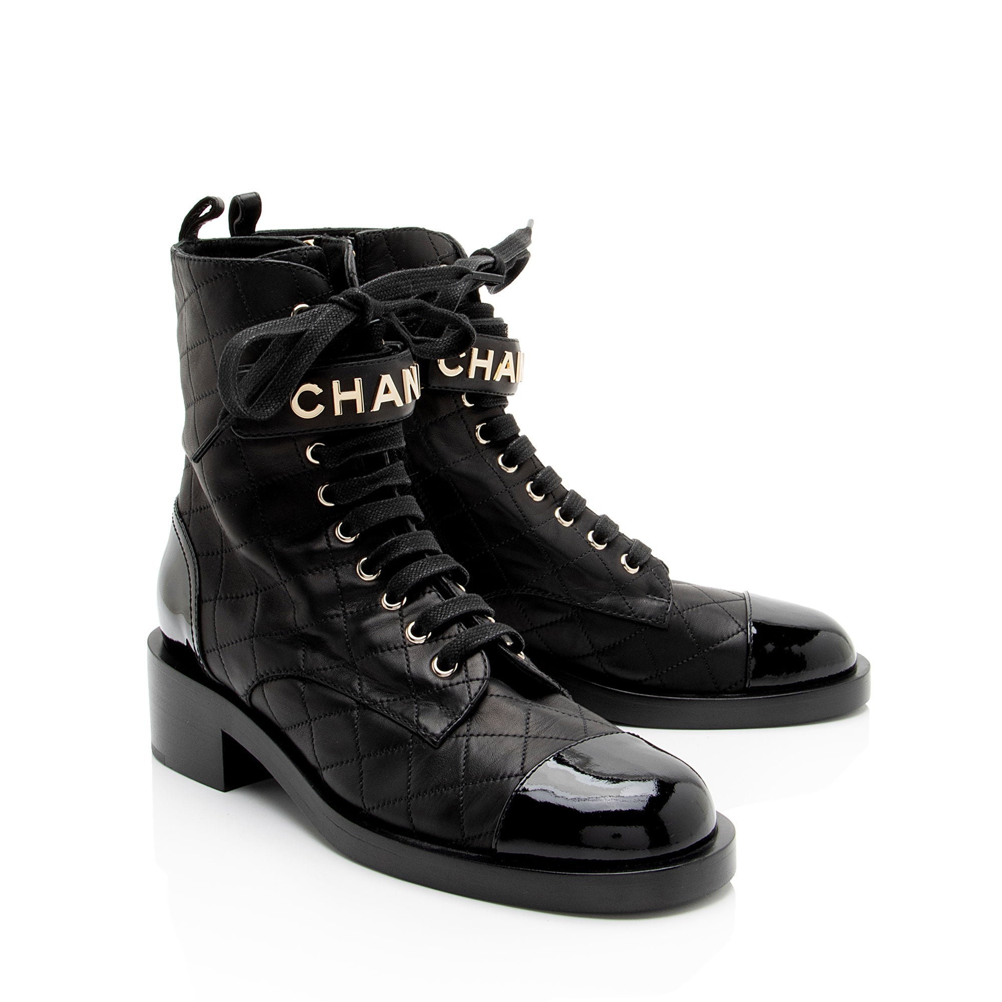 Chanel Quilted Lambskin Patent Leather Logo Cap Toe Combat Boots - Size 10 / 40