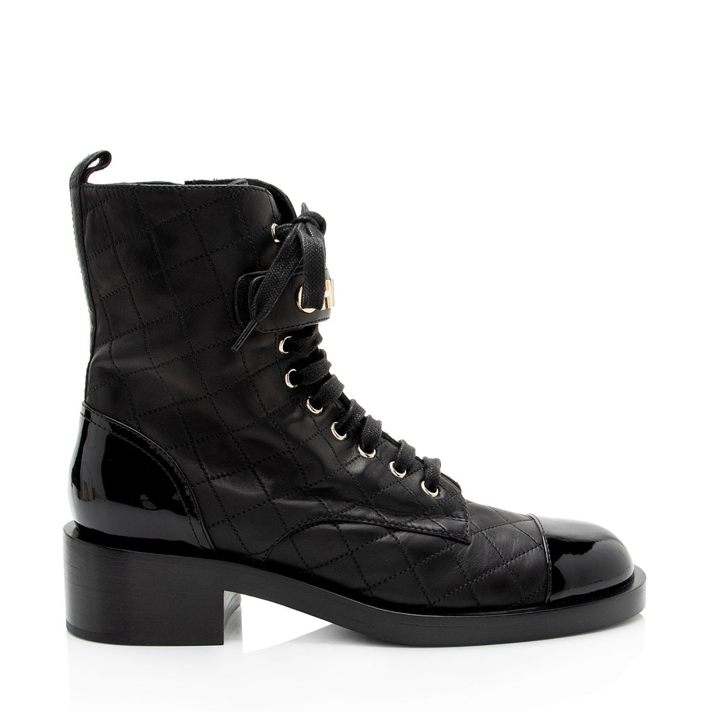 Chanel Quilted Lambskin Patent Leather Logo Cap Toe Combat Boots - Size 10 / 40