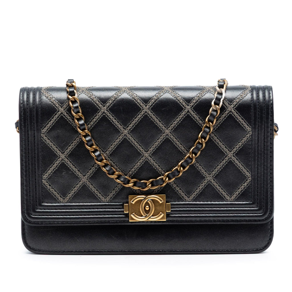 Chanel Quilted Lambskin Double Stitch Boy Wallet On Chain