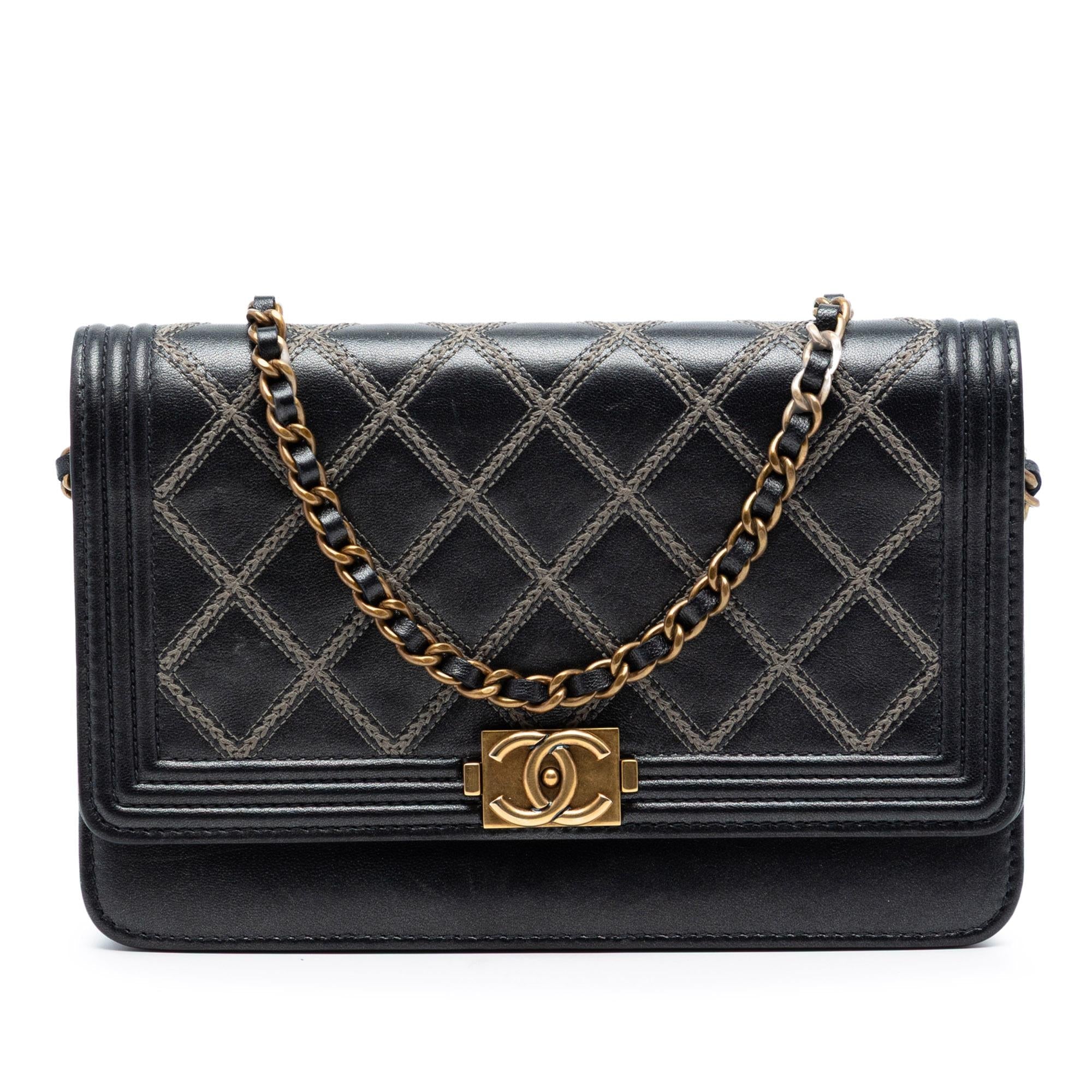 Chanel Quilted Lambskin Double Stitch Boy Wallet On Chain