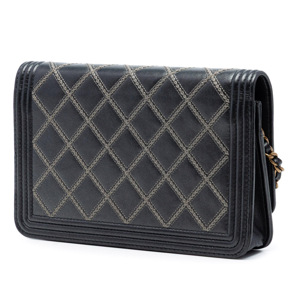 Chanel Quilted Lambskin Double Stitch Boy Wallet On Chain
