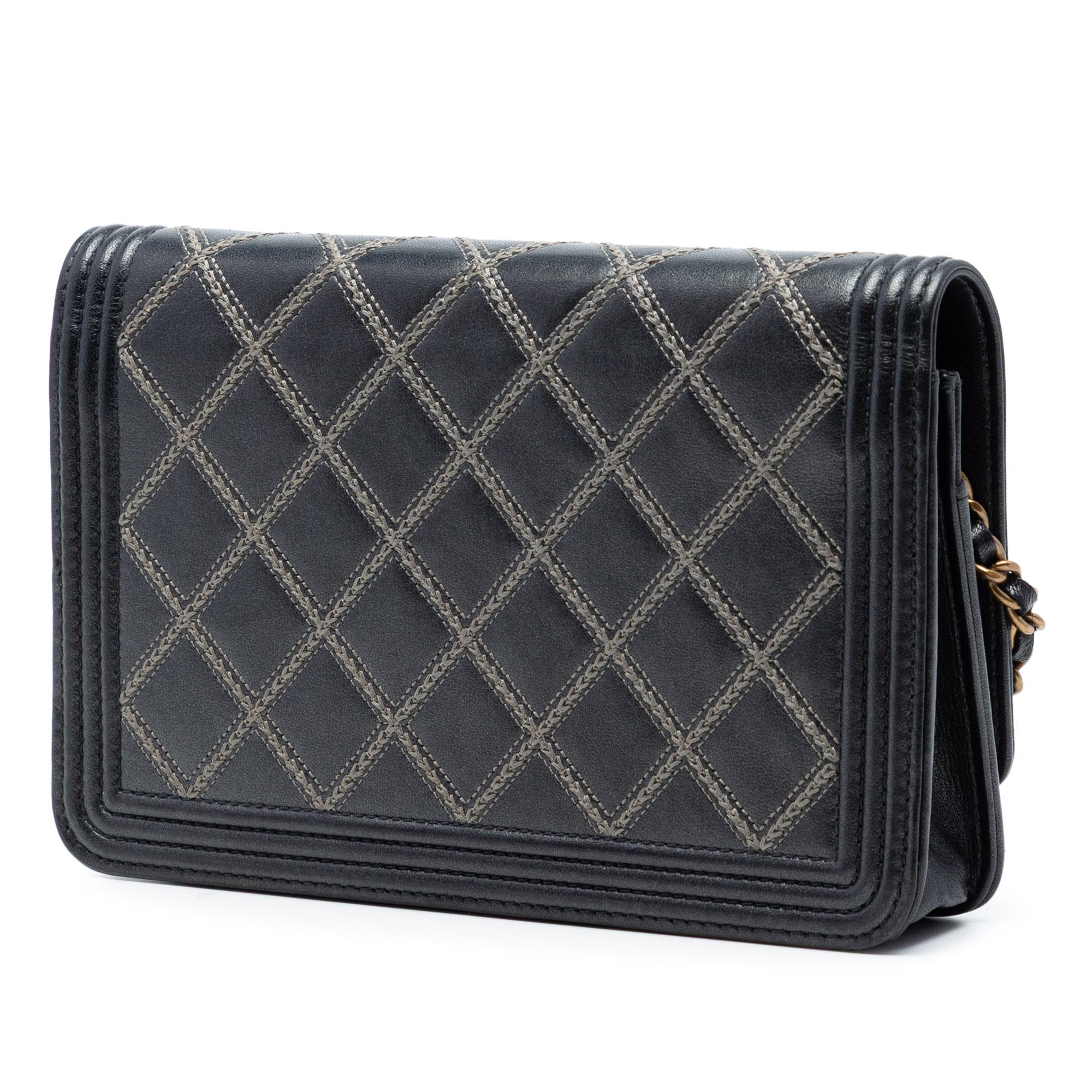 Chanel Quilted Lambskin Double Stitch Boy Wallet On Chain