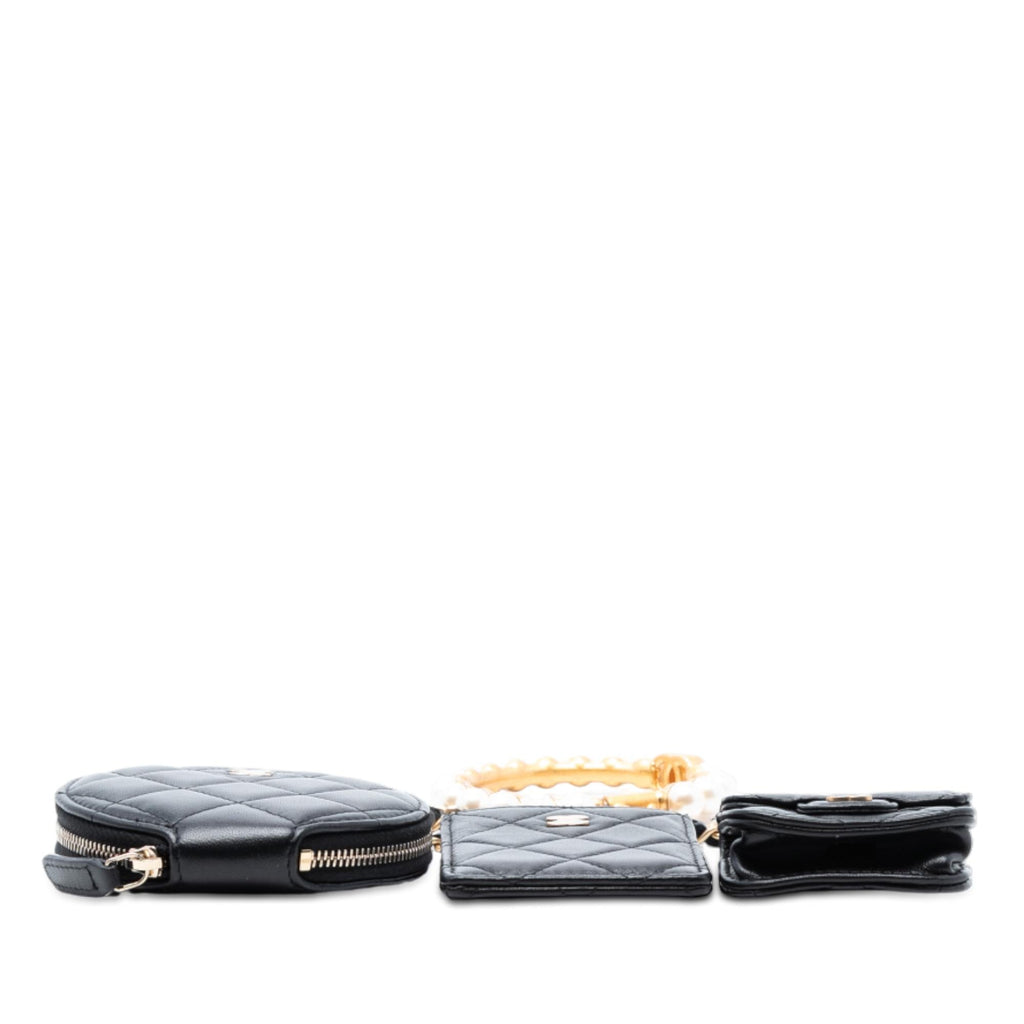 Chanel Quilted Lambskin Pearl Crown CC Wristlet Multi Pouches