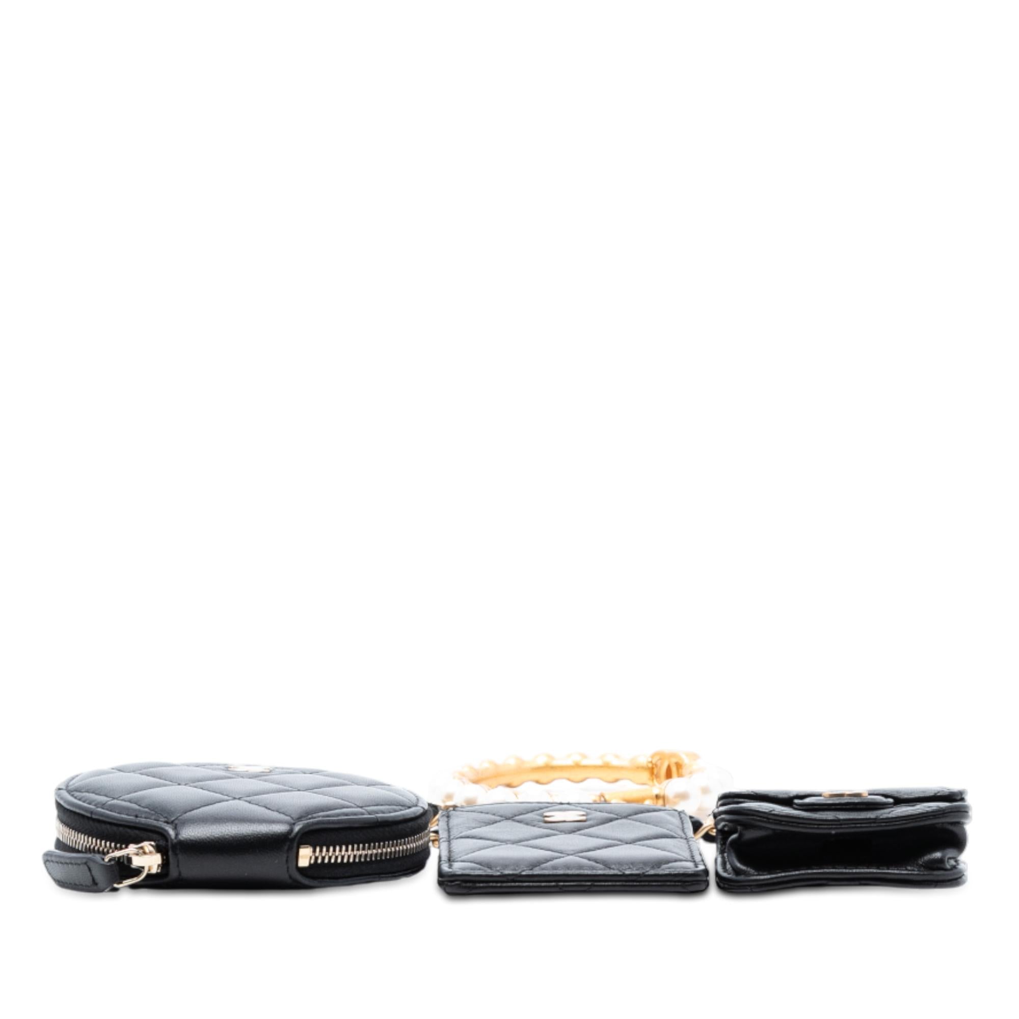 Chanel Quilted Lambskin Pearl Crown CC Wristlet Multi Pouches