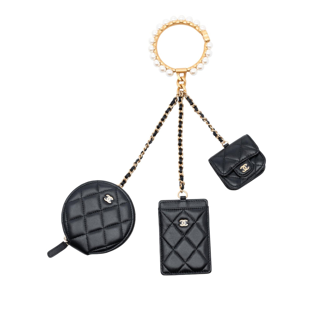 Chanel Quilted Lambskin Pearl Crown CC Wristlet Multi Pouches