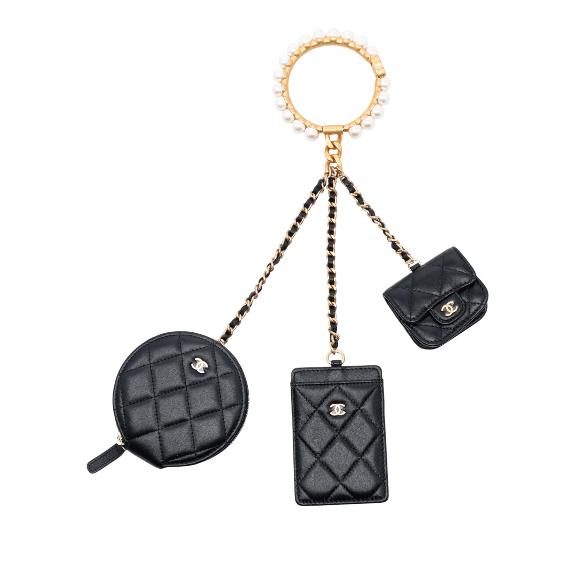 Chanel Quilted Lambskin Pearl Crown CC Wristlet Multi Pouches