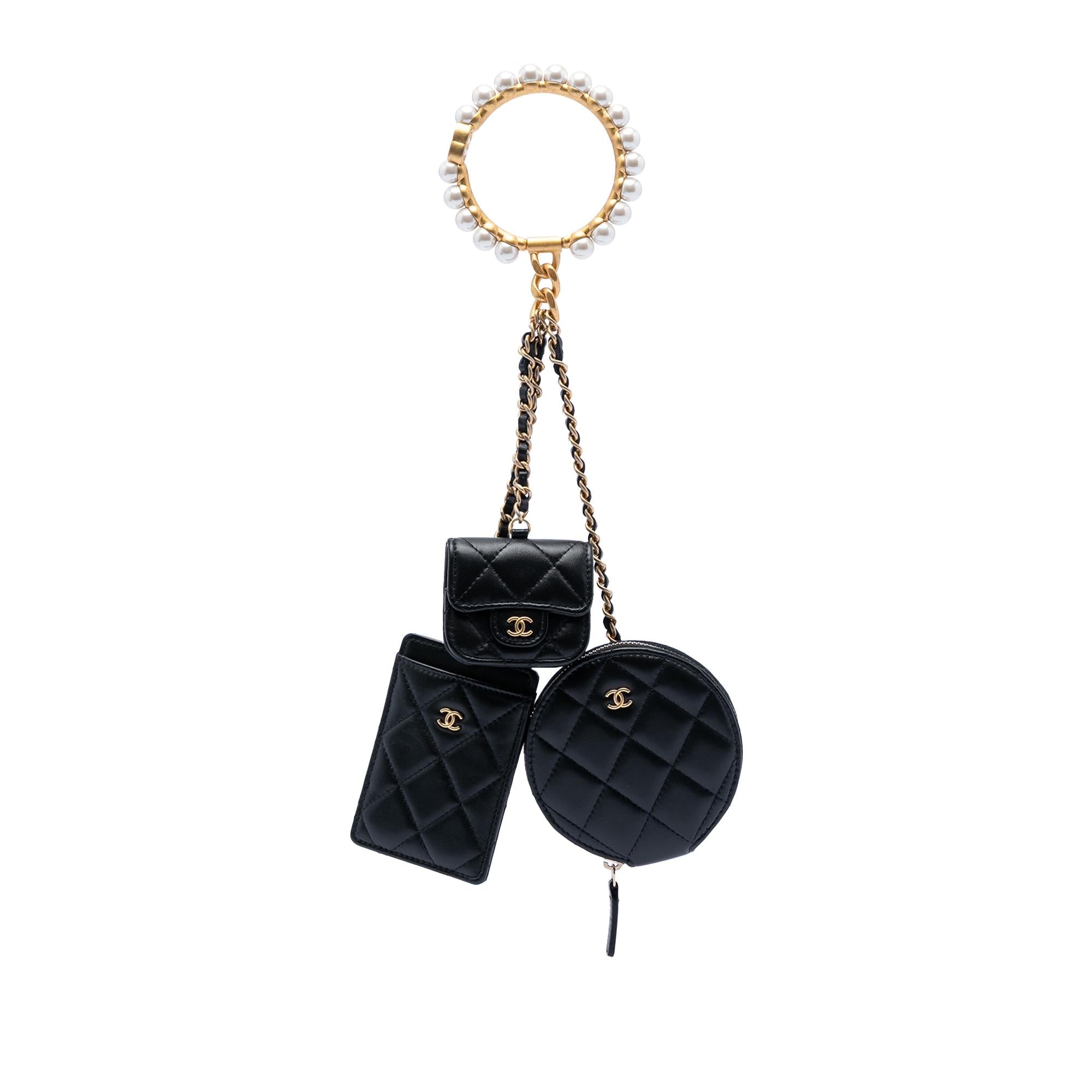 Chanel Quilted Lambskin Pearl Crown CC Wristlet Multi Pouches