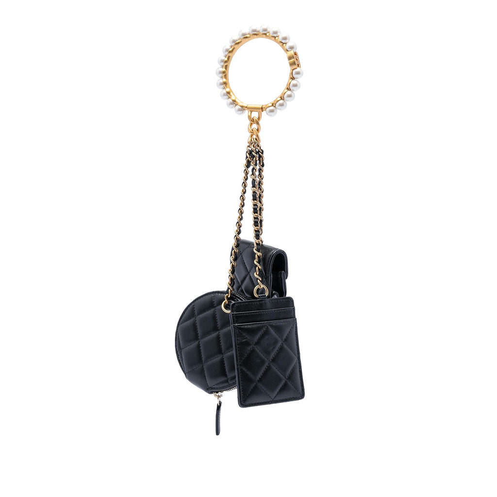 Chanel Quilted Lambskin Pearl Crown CC Wristlet Multi Pouches