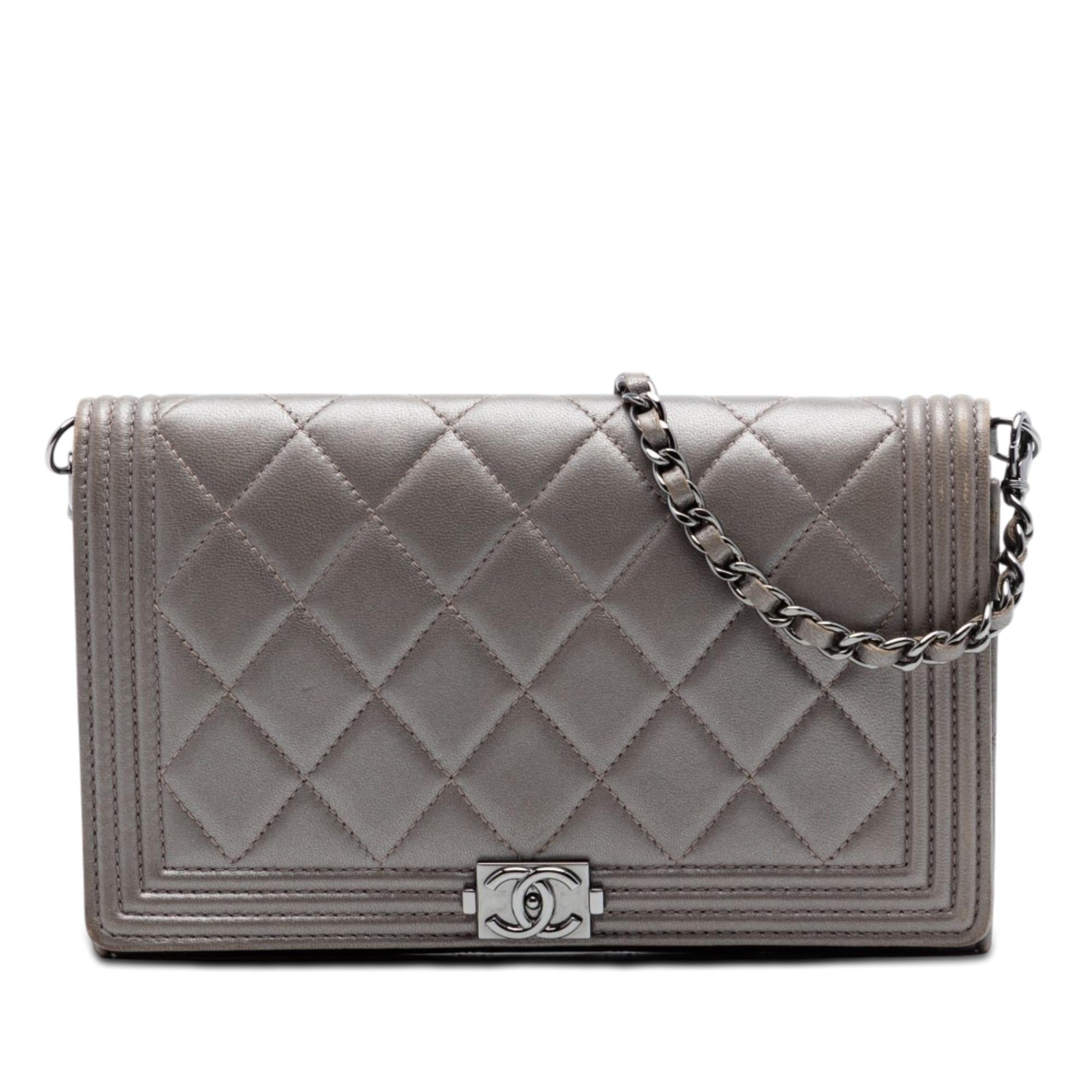 Chanel Quilted Metallic Lambskin Boy Clutch On Chain