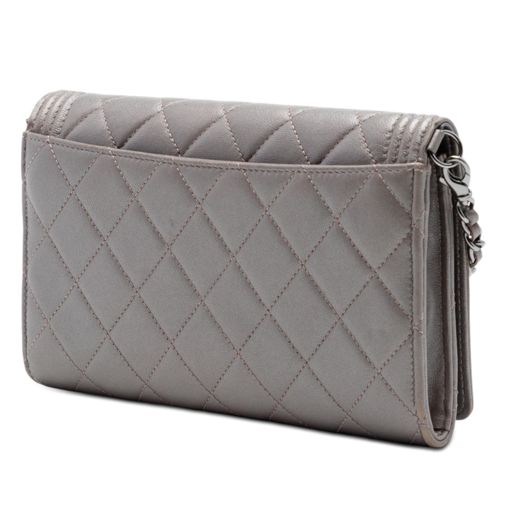 Chanel Quilted Metallic Lambskin Boy Clutch On Chain