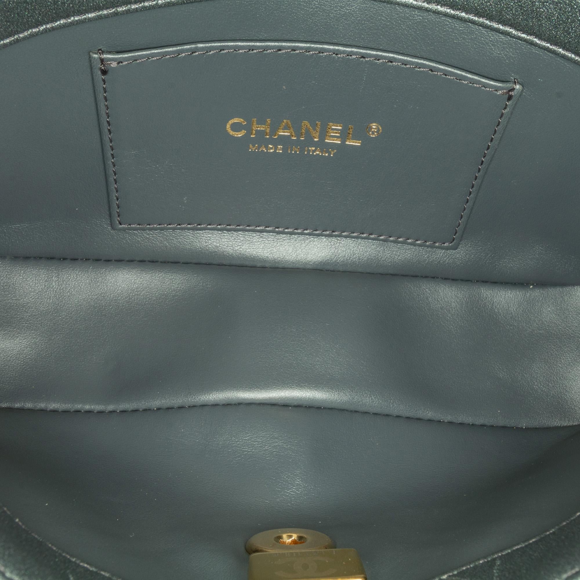 Chanel Quilted Metallic Lambskin Logo Charm Chain Flap (SHG-tizGCB)