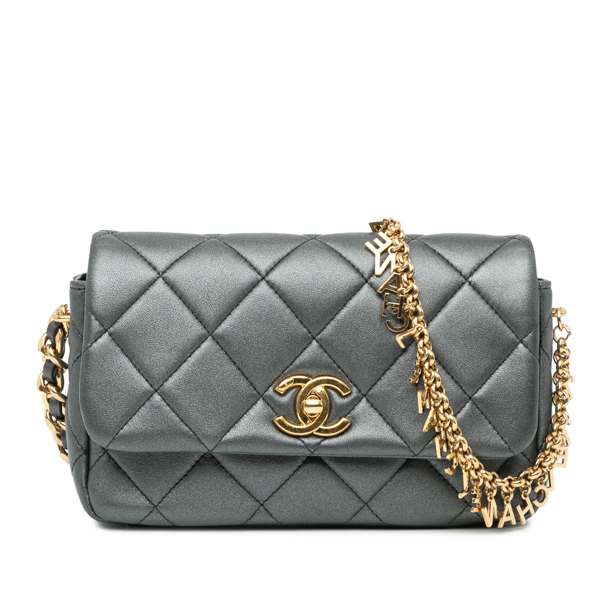 Chanel Quilted Metallic Lambskin Logo Charm Chain Flap (SHG-tizGCB)