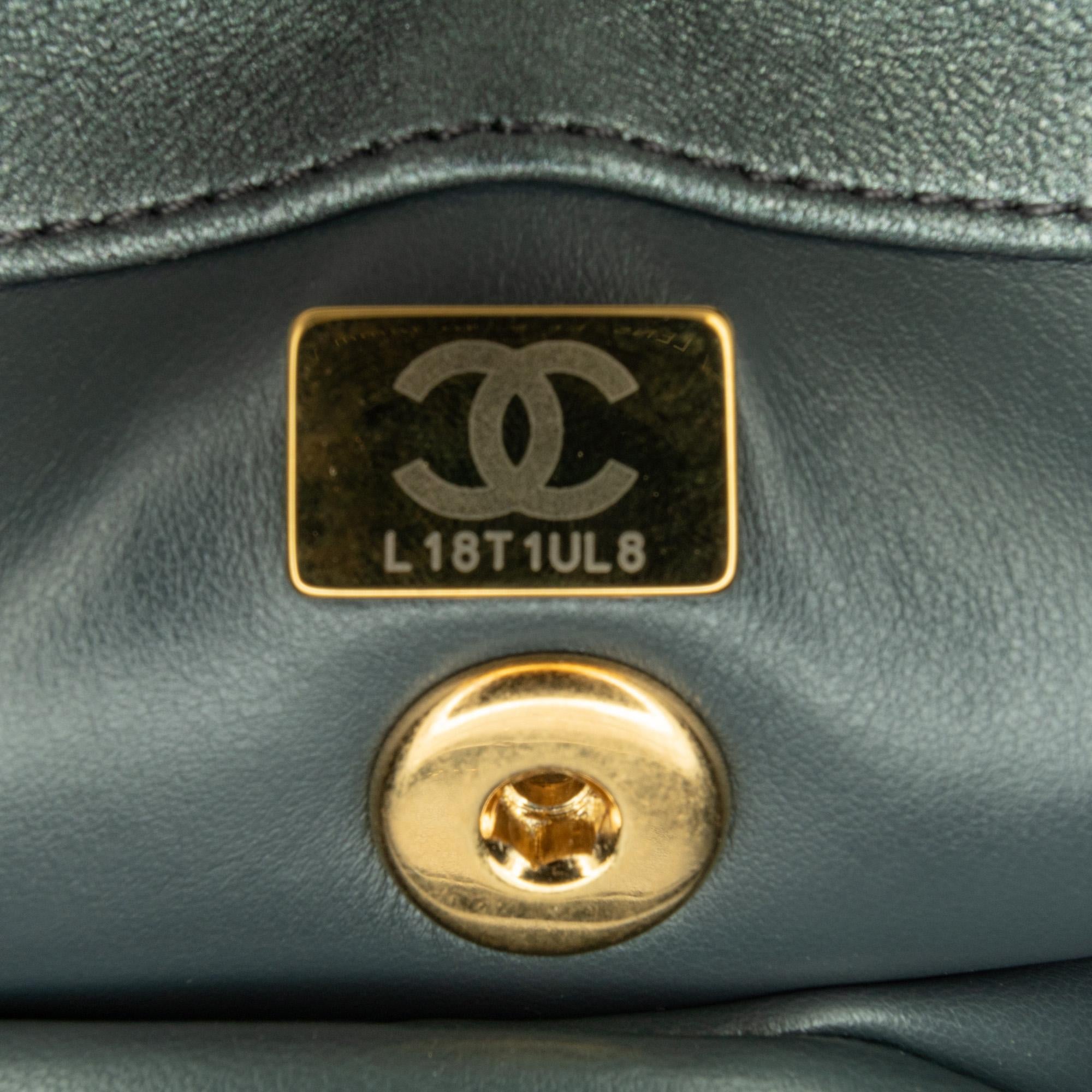 Chanel Quilted Metallic Lambskin Logo Charm Chain Flap (SHG-tizGCB)
